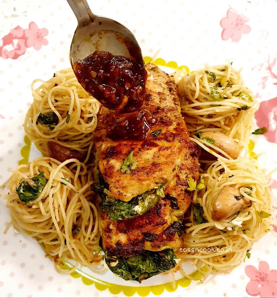 Stuffed Grilled Chicken Pockets with Butter Garlic Spaghetti and a quick Butter Garlic Sauce